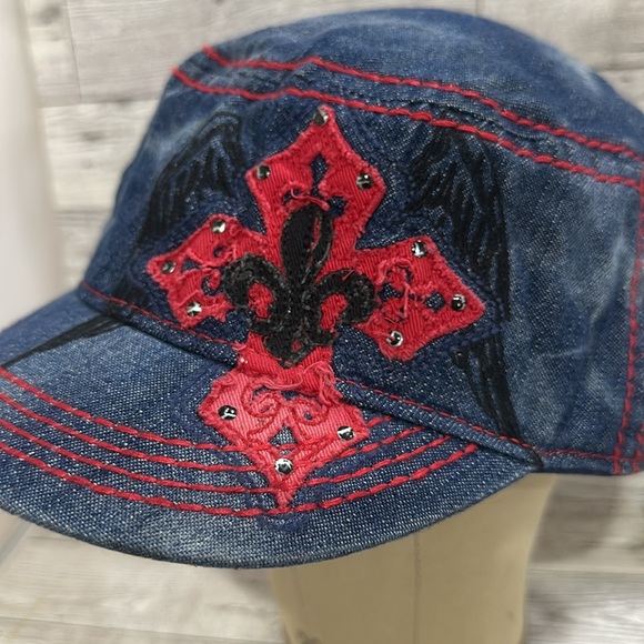Blue denim cross embellished distress red stitch baseball cap hat - Picture 2 of 8
